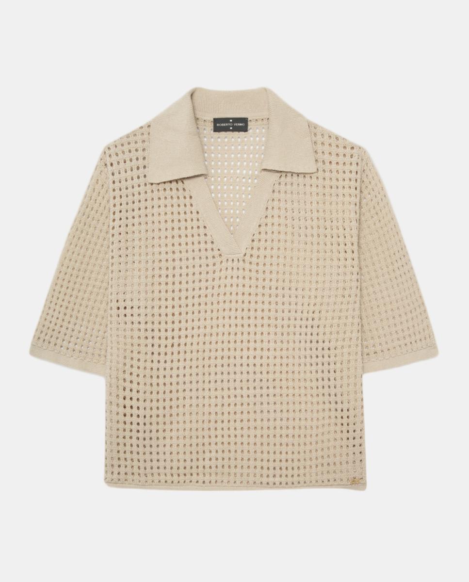 Camisola de Malha Tipo Polo Rendilhado Camel-4