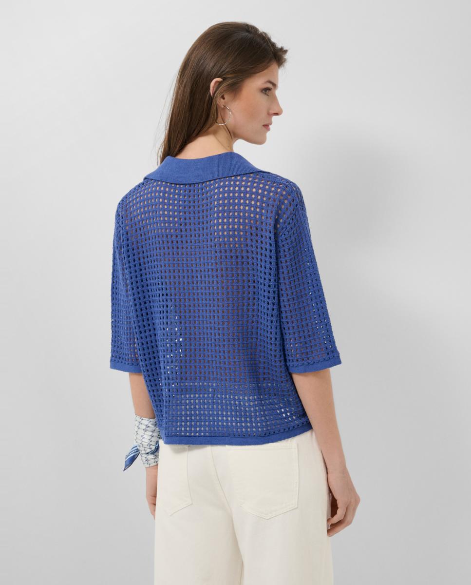 Camisola de Malha Tipo Polo Rendilhado Azul-3