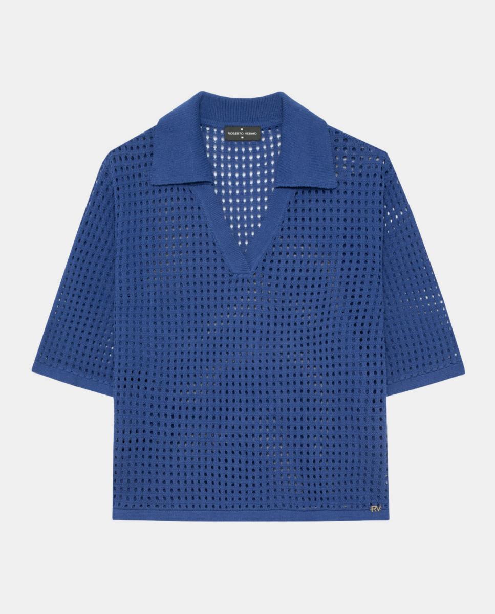 Camisola de Malha Tipo Polo Rendilhado Azul-4