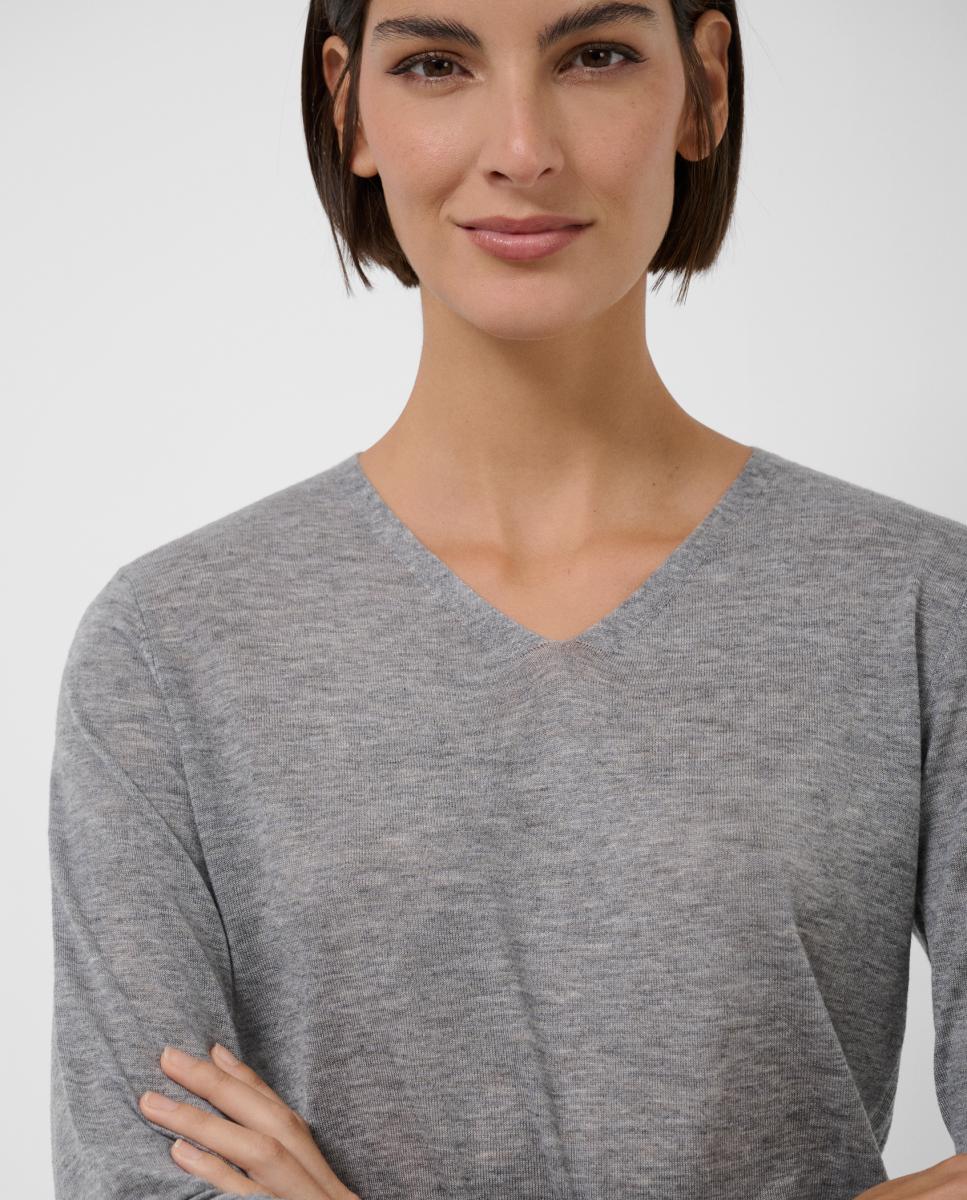 Camisola de Malha Fina com Decote em Bico Cinzento-2