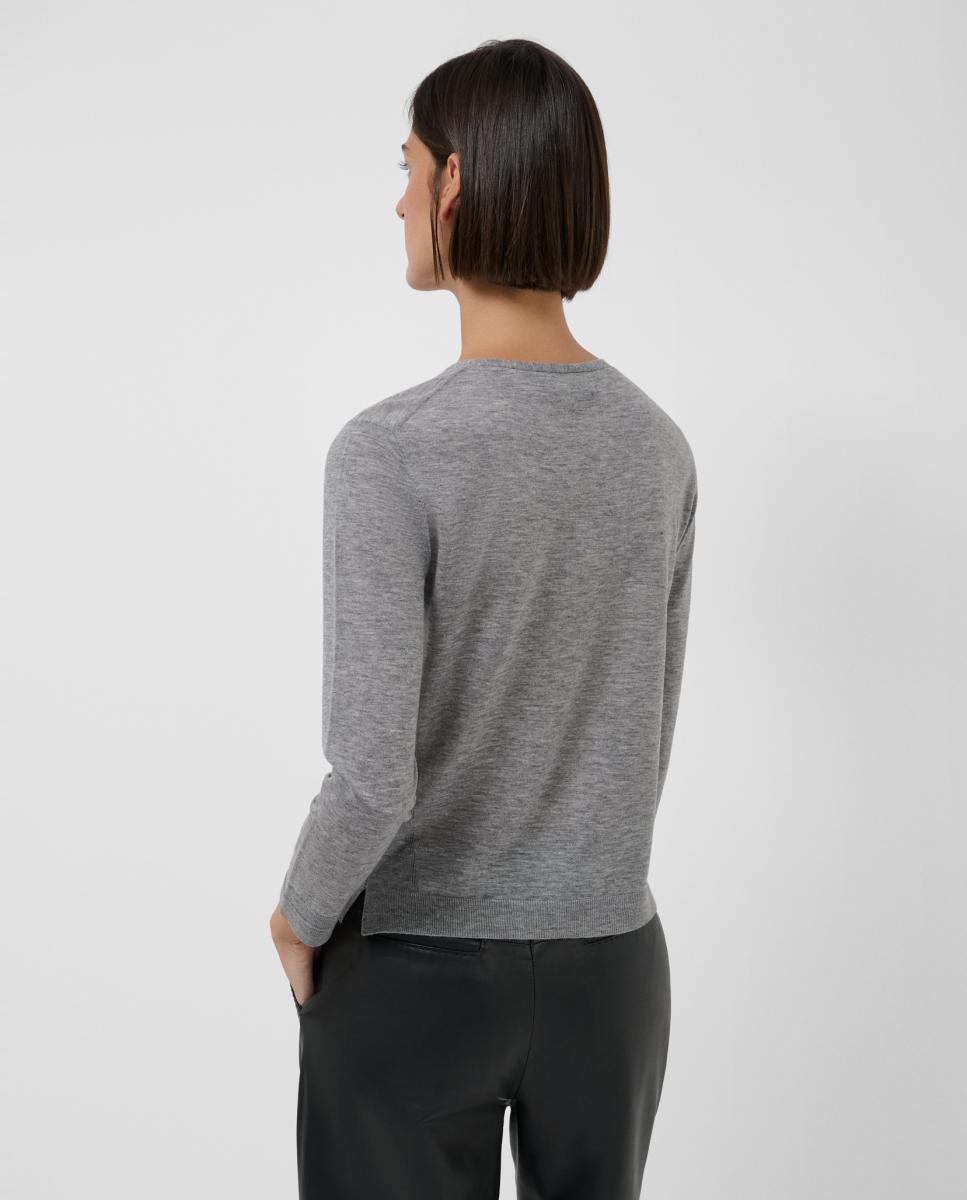 Camisola de Malha Fina com Decote em Bico Cinzento-3