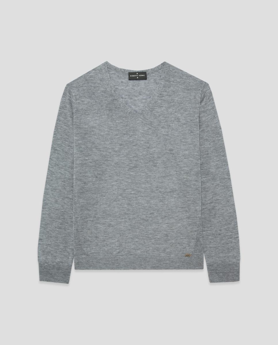 Camisola de Malha Fina com Decote em Bico Cinzento-4