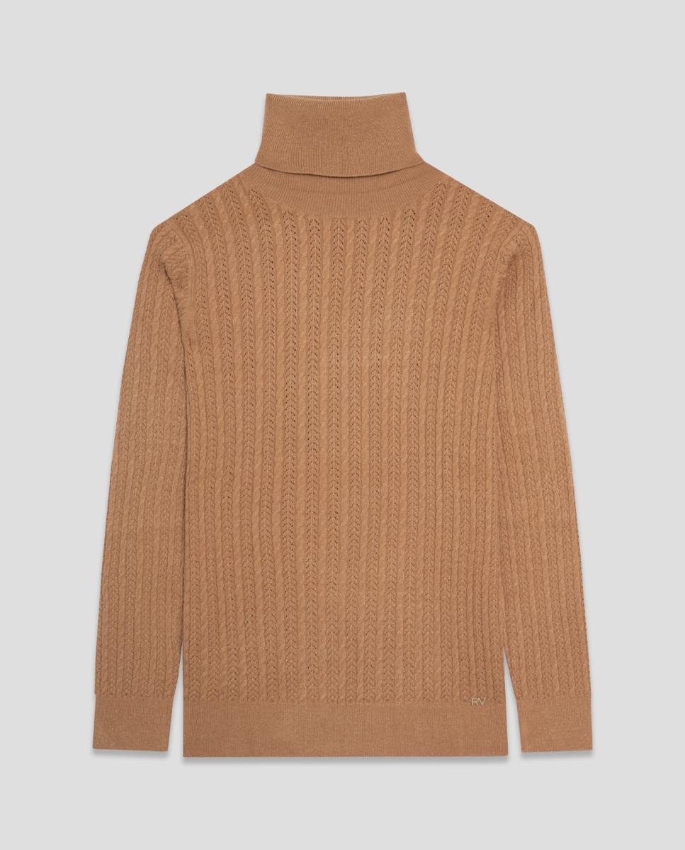 Jersey de mujer cuello subido ochos y espiga - Roberto Verino - Marrón claro Marrón claro-4