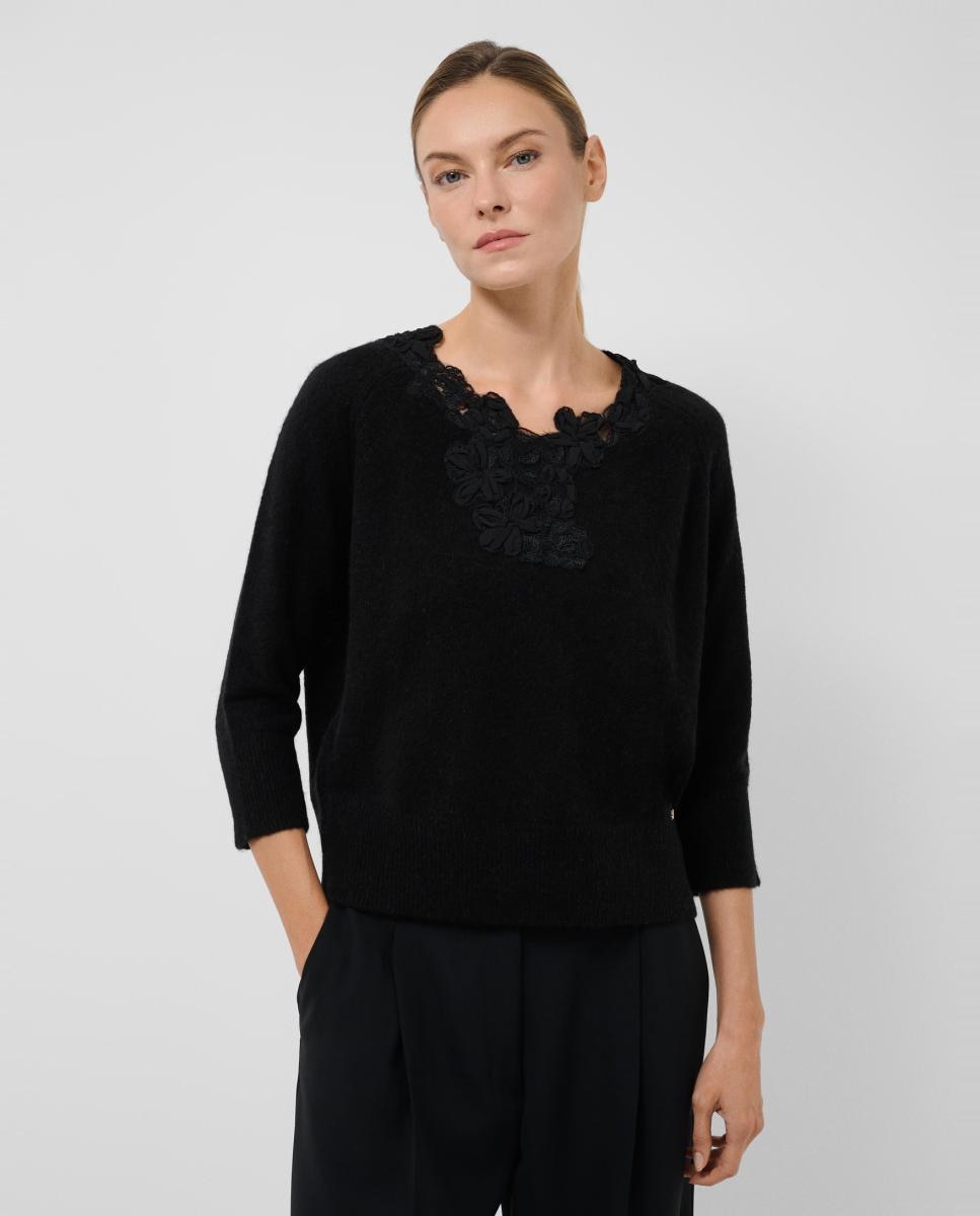 Jersey punto con bordado floral en escote - Roberto Verino - Negro Negro-1