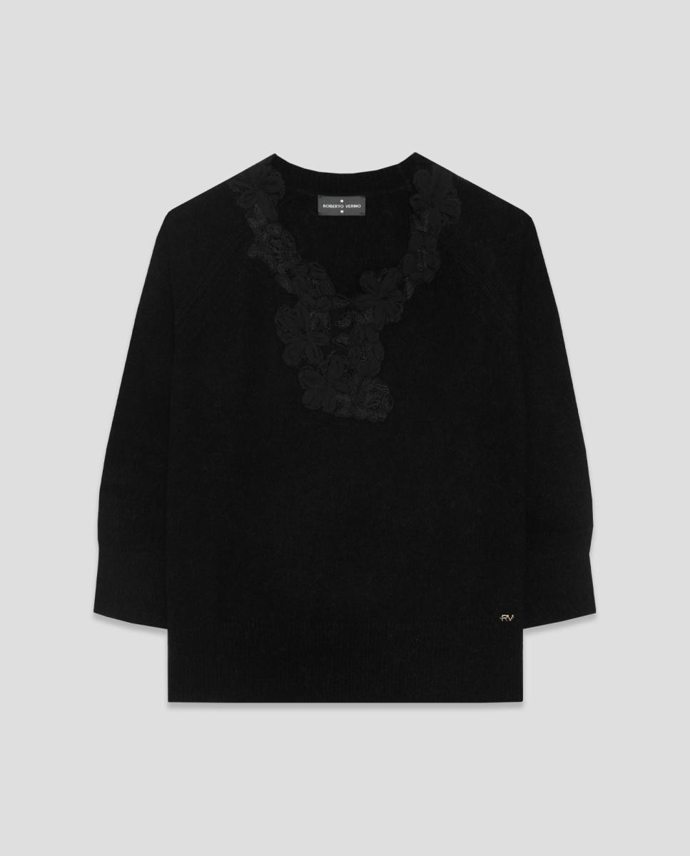 Jersey punto con bordado floral en escote - Roberto Verino - Negro Negro-4