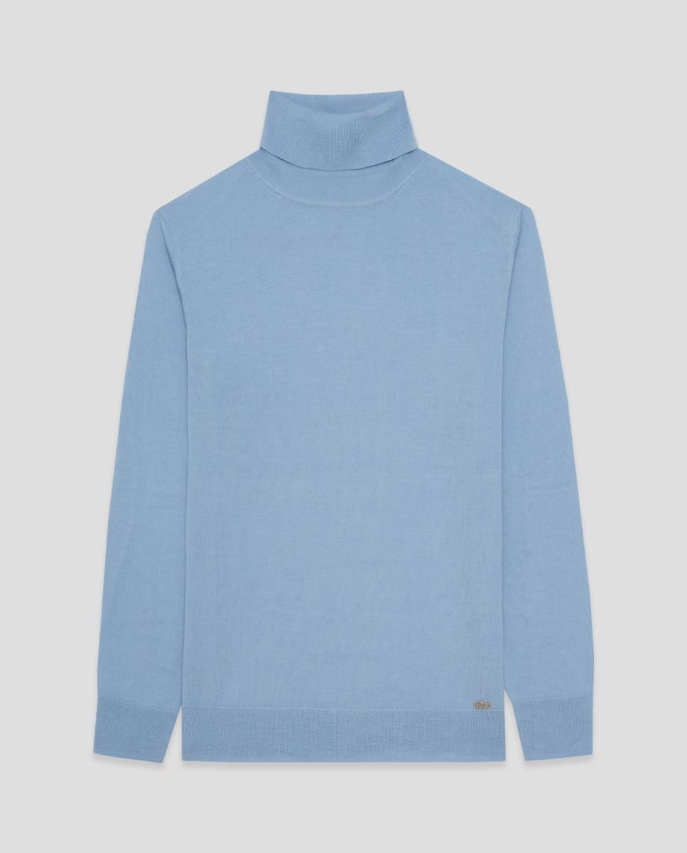 Camisola de Malha Fina de Lã com Gola Cisne Azul-4