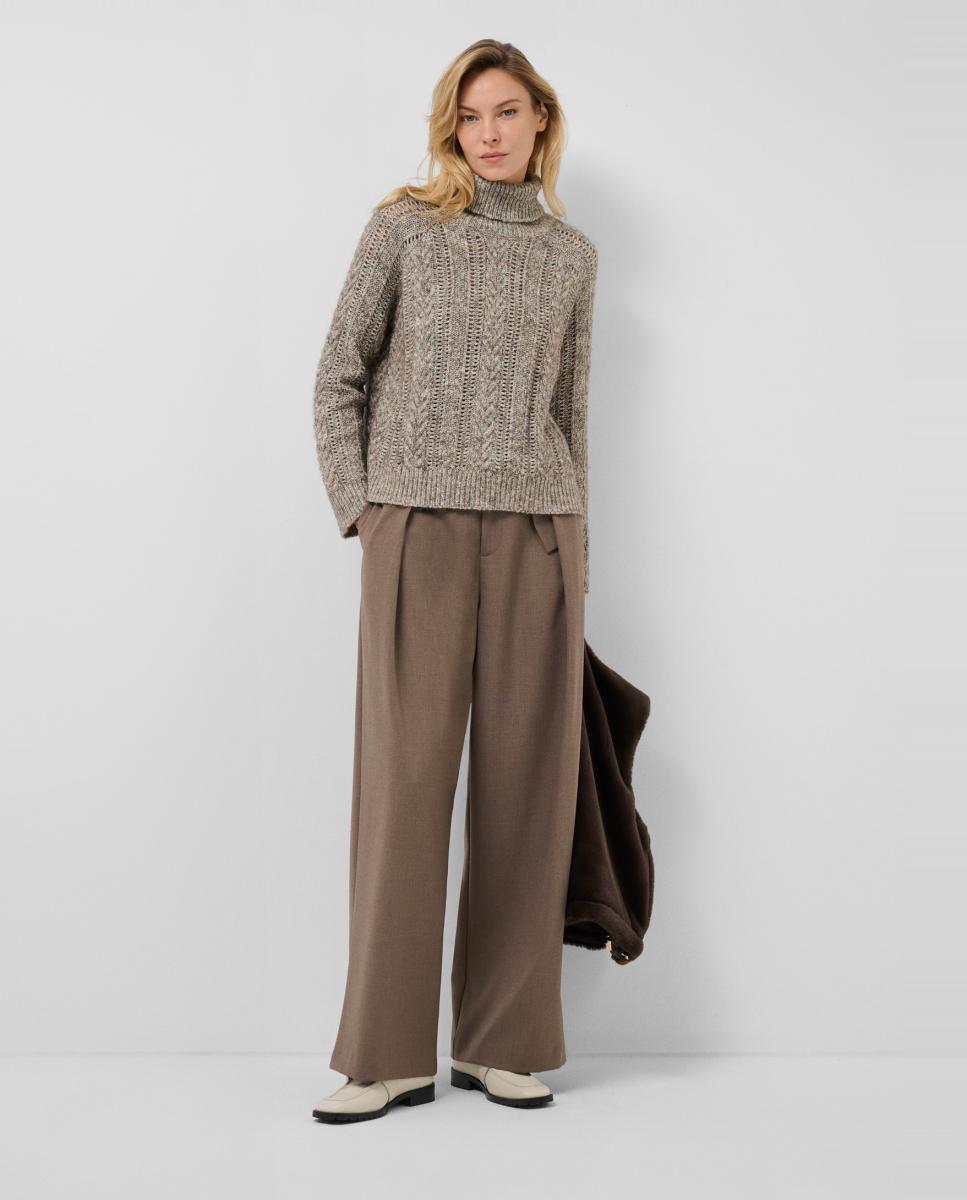 Camisola de Malha Grossa Oversize com Gola Dobrada Castanho-claro-6