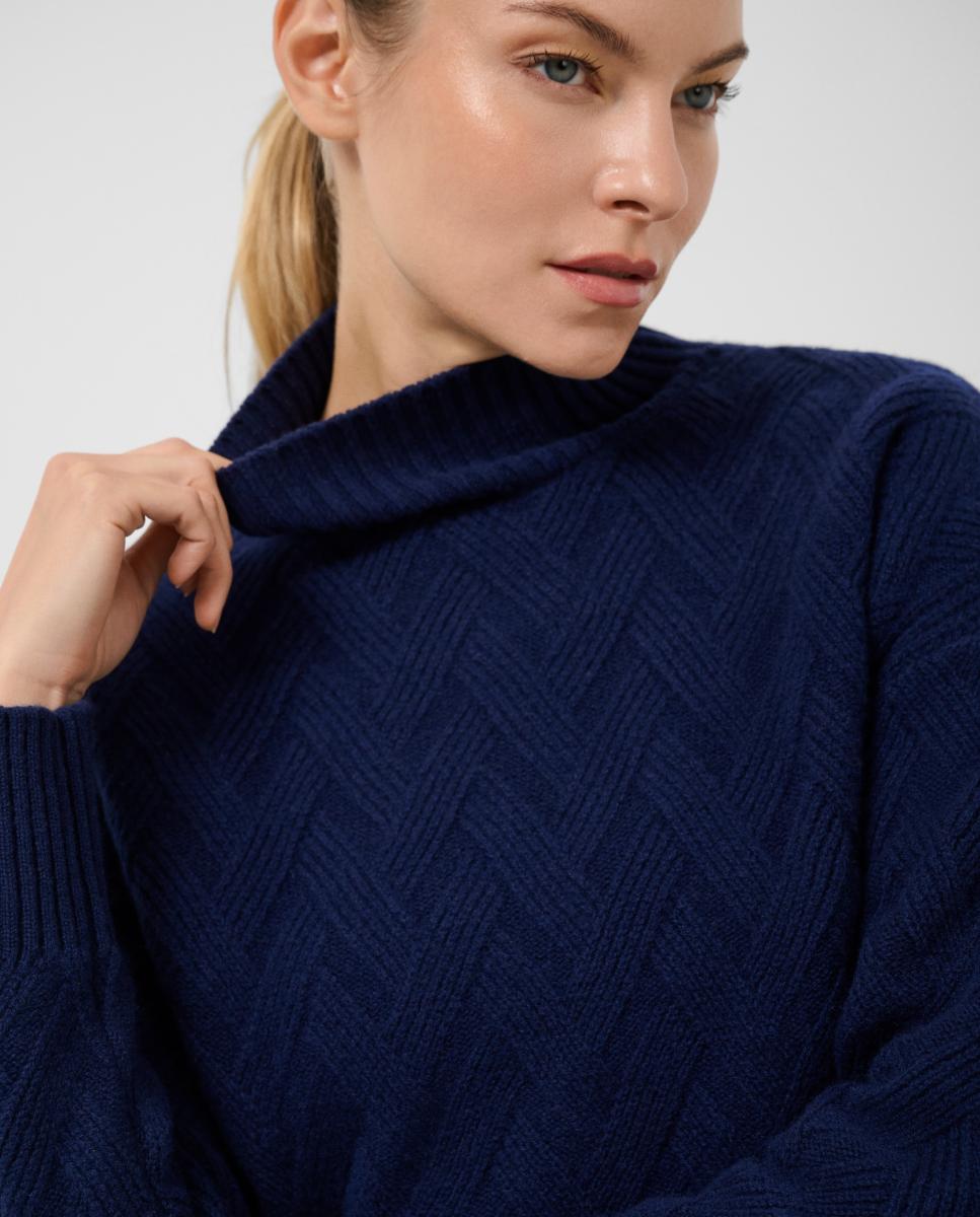 Camisola de Malha de Lã com Corte Largo e Gola Subida Azul-2