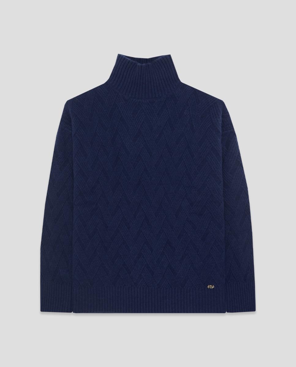 Camisola de Malha de Lã com Corte Largo e Gola Subida Azul-4