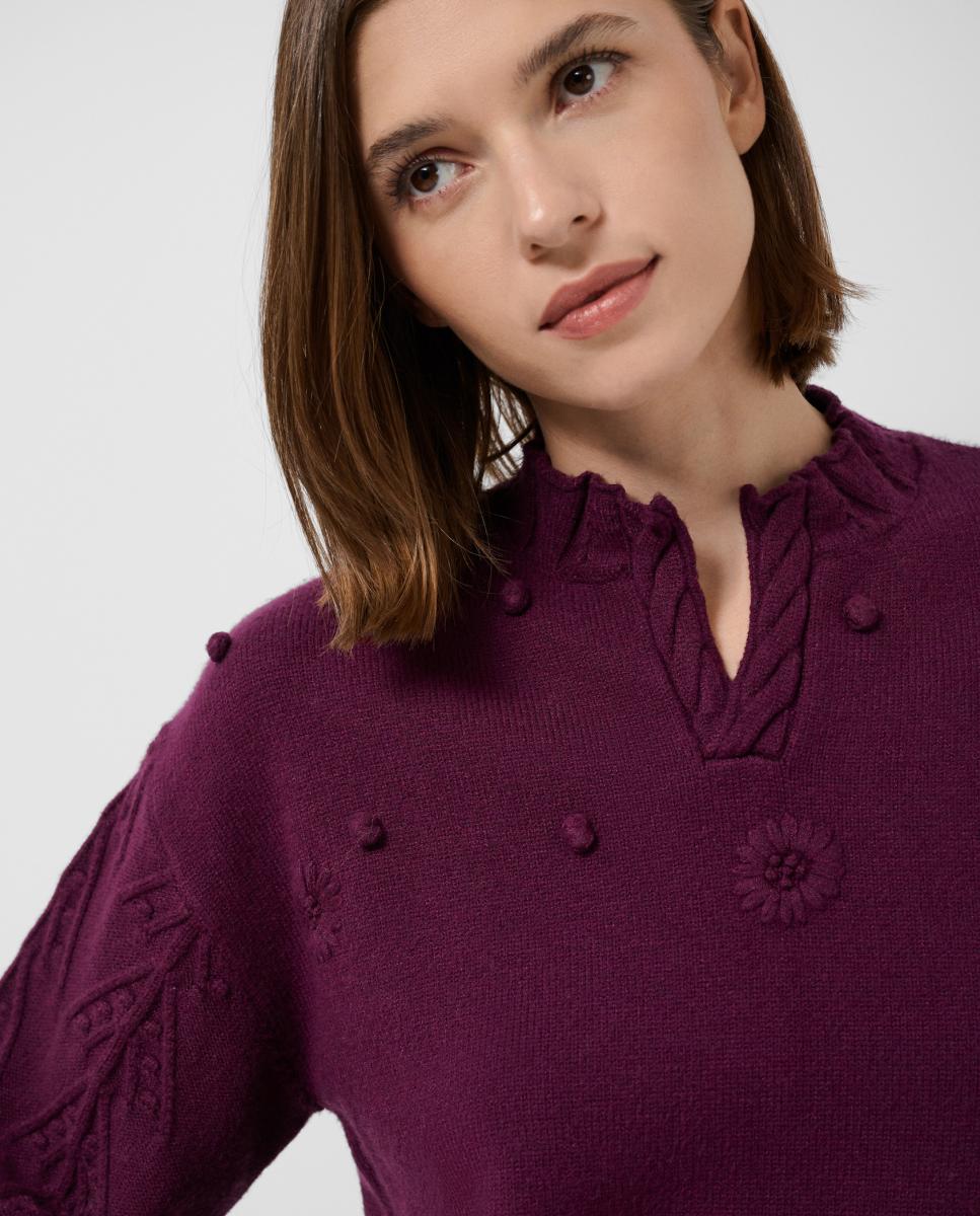 Camisola de Malha de Manga 3/4 com Fantasia de Crochet Roxo-2
