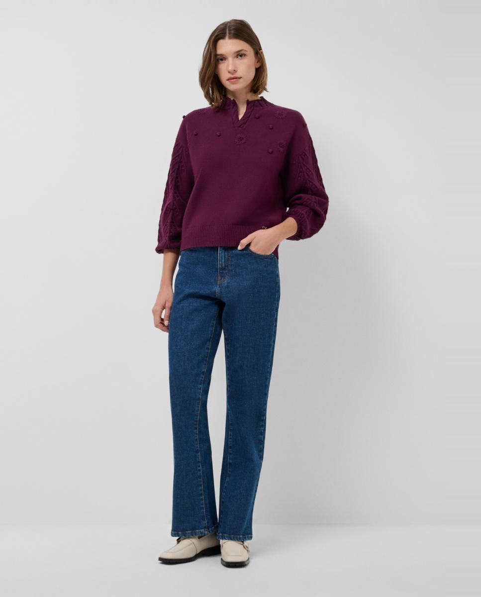 Camisola de Malha de Manga 3/4 com Fantasia de Crochet Roxo-6