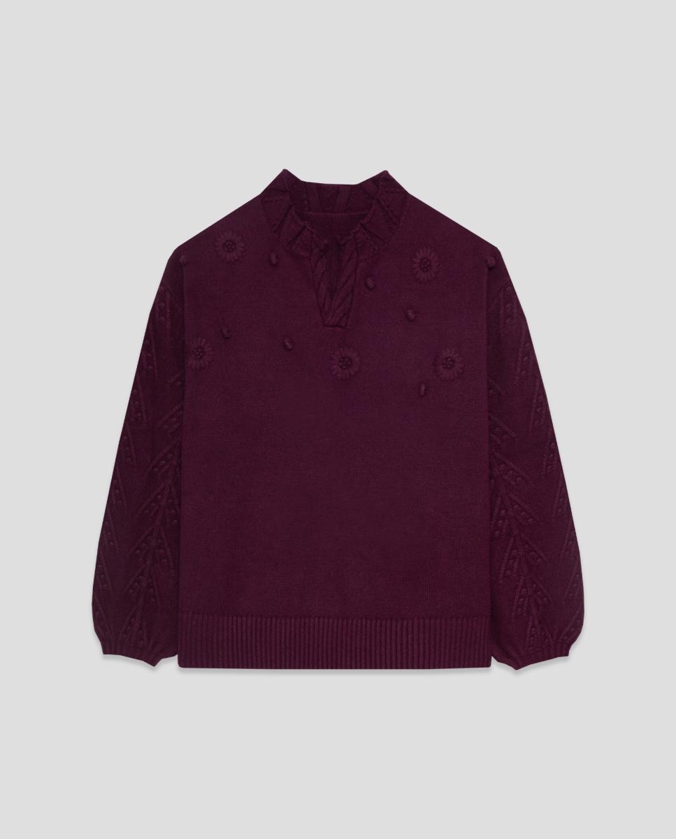 Camisola de Malha de Manga 3/4 com Fantasia de Crochet Roxo-4