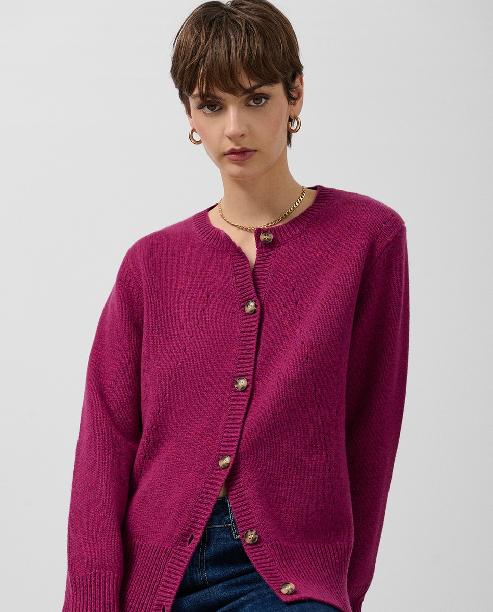 Casaco de Lã com Desenhos Rendilhados Fúcsia-1