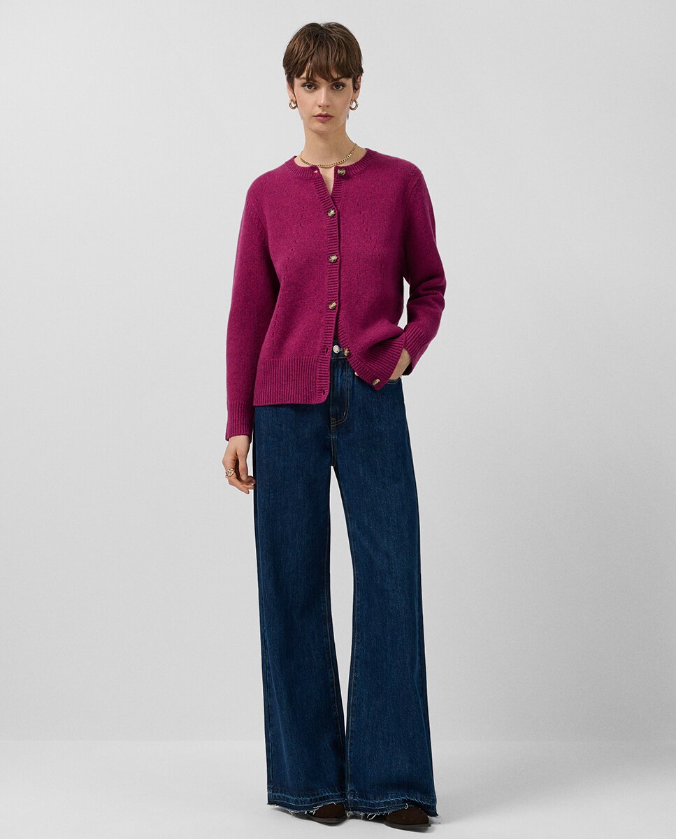 Casaco de Lã com Desenhos Rendilhados Fúcsia-2