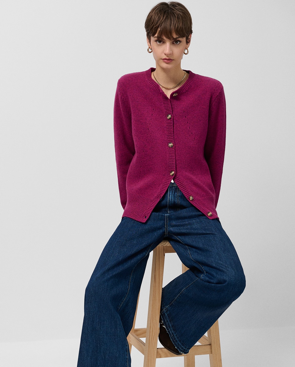 Casaco de Lã com Desenhos Rendilhados Fúcsia-5