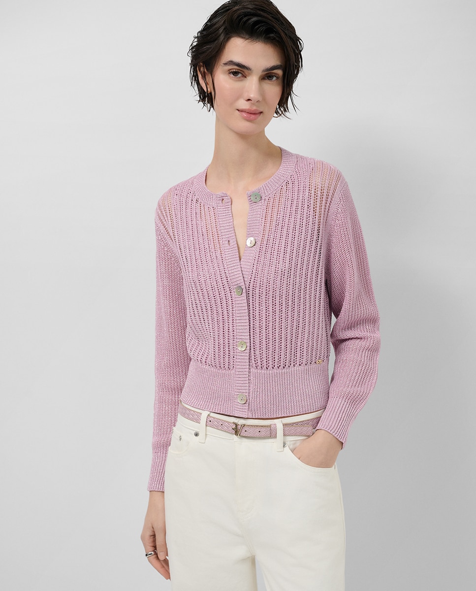 Imagem 0 de Cardigan de Malha Rendilhada com Fio Metalizado