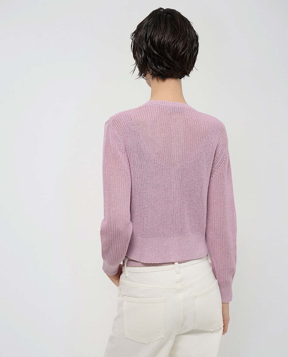 Cardigan de Malha Rendilhada com Fio Metalizado Rosa-claro-3