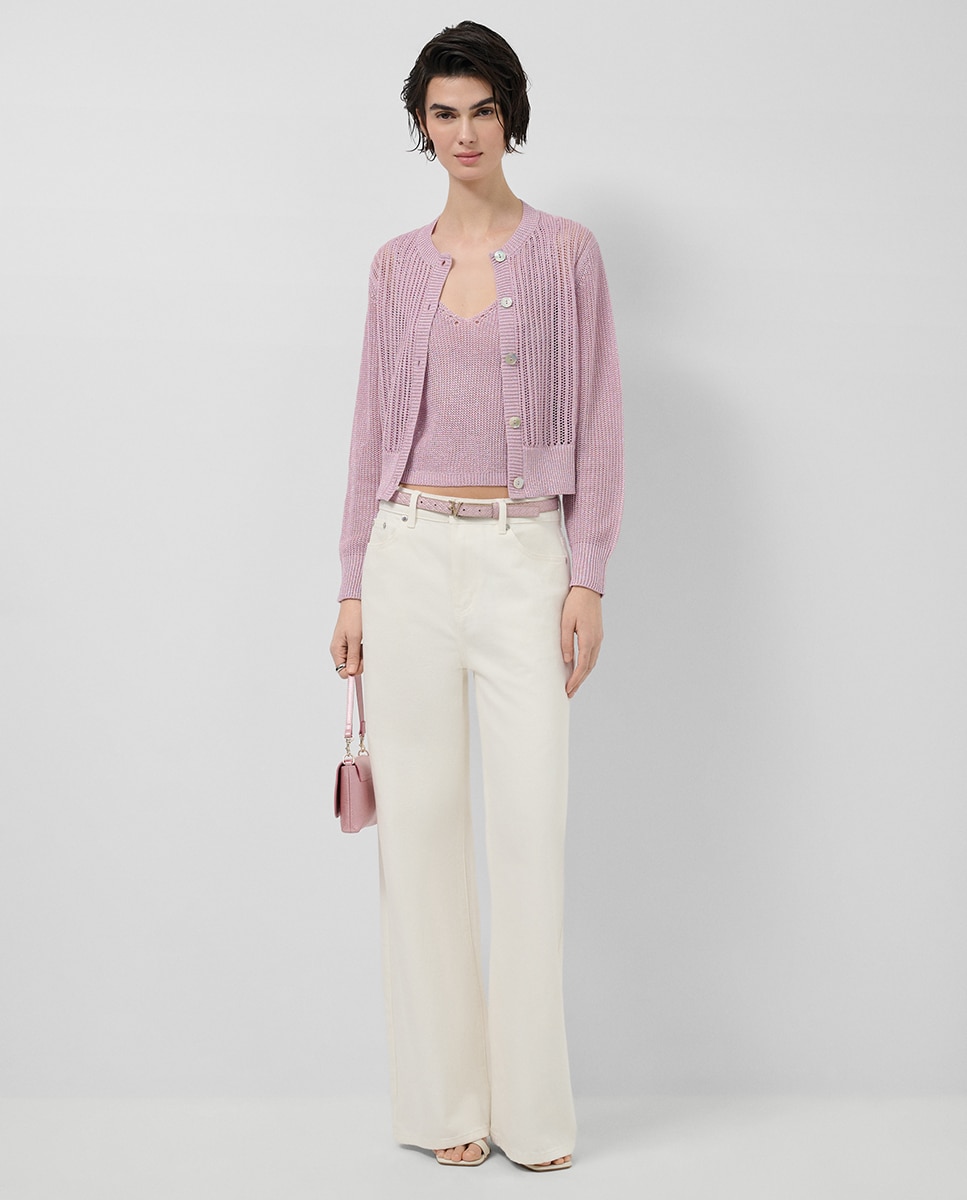 Cardigan de Malha Rendilhada com Fio Metalizado Rosa-claro-6