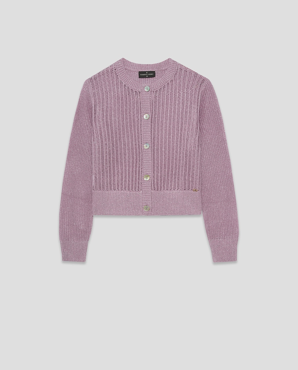 Cardigan de Malha Rendilhada com Fio Metalizado Rosa-claro-5