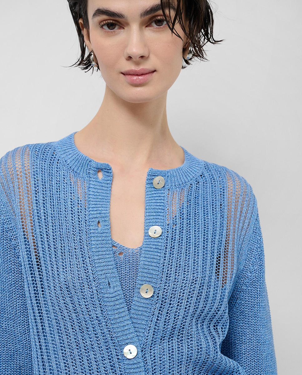 Cardigan de Malha Rendilhada com Fio Metalizado Azul-claro-2