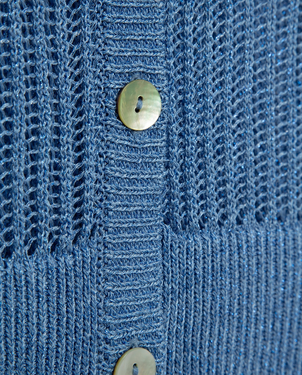 Cardigan de Malha Rendilhada com Fio Metalizado Azul-claro-4
