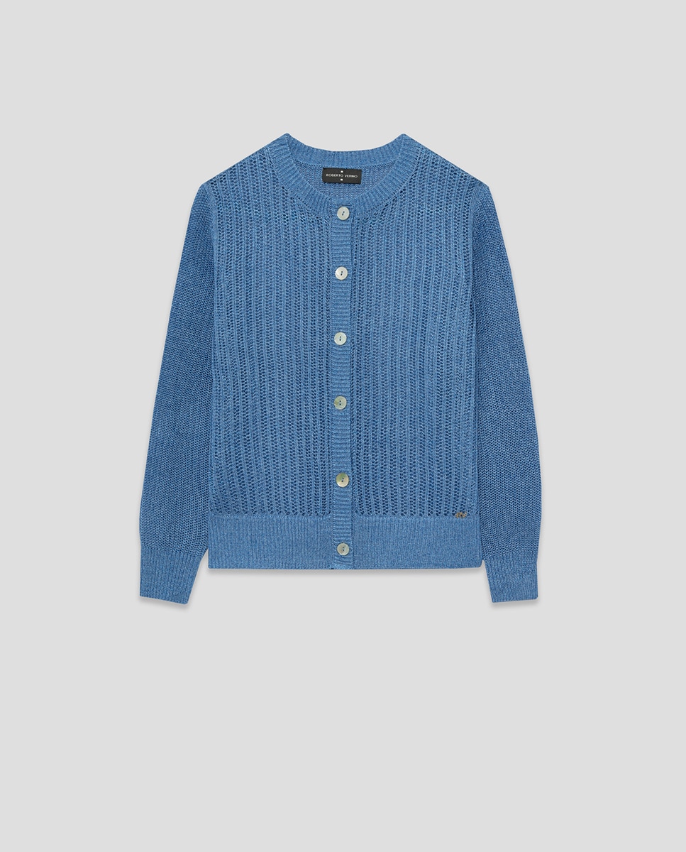 Cardigan de Malha Rendilhada com Fio Metalizado Azul-claro-5
