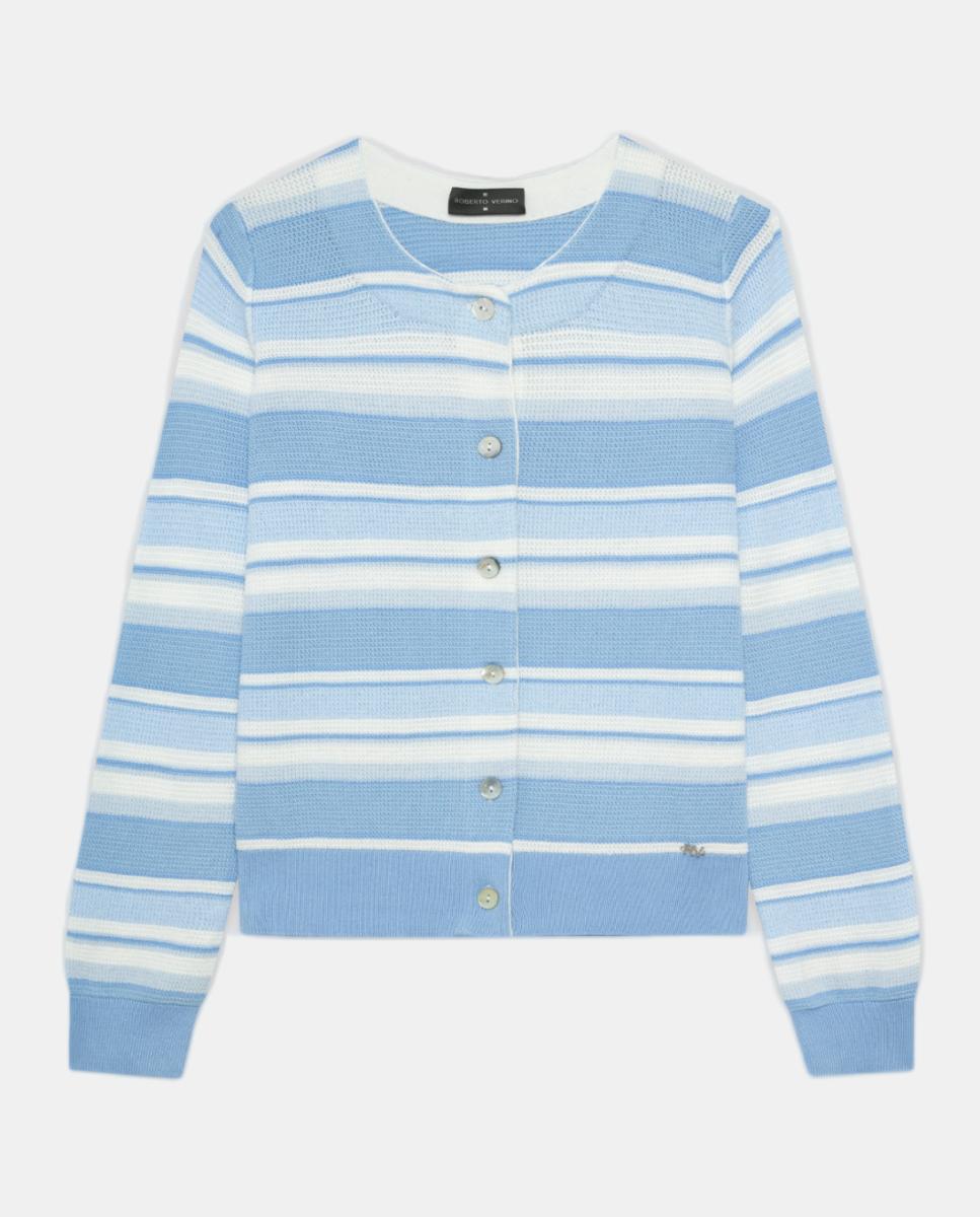 Cardigan de Malha às Riscas Horizontais Azul-índigo-4