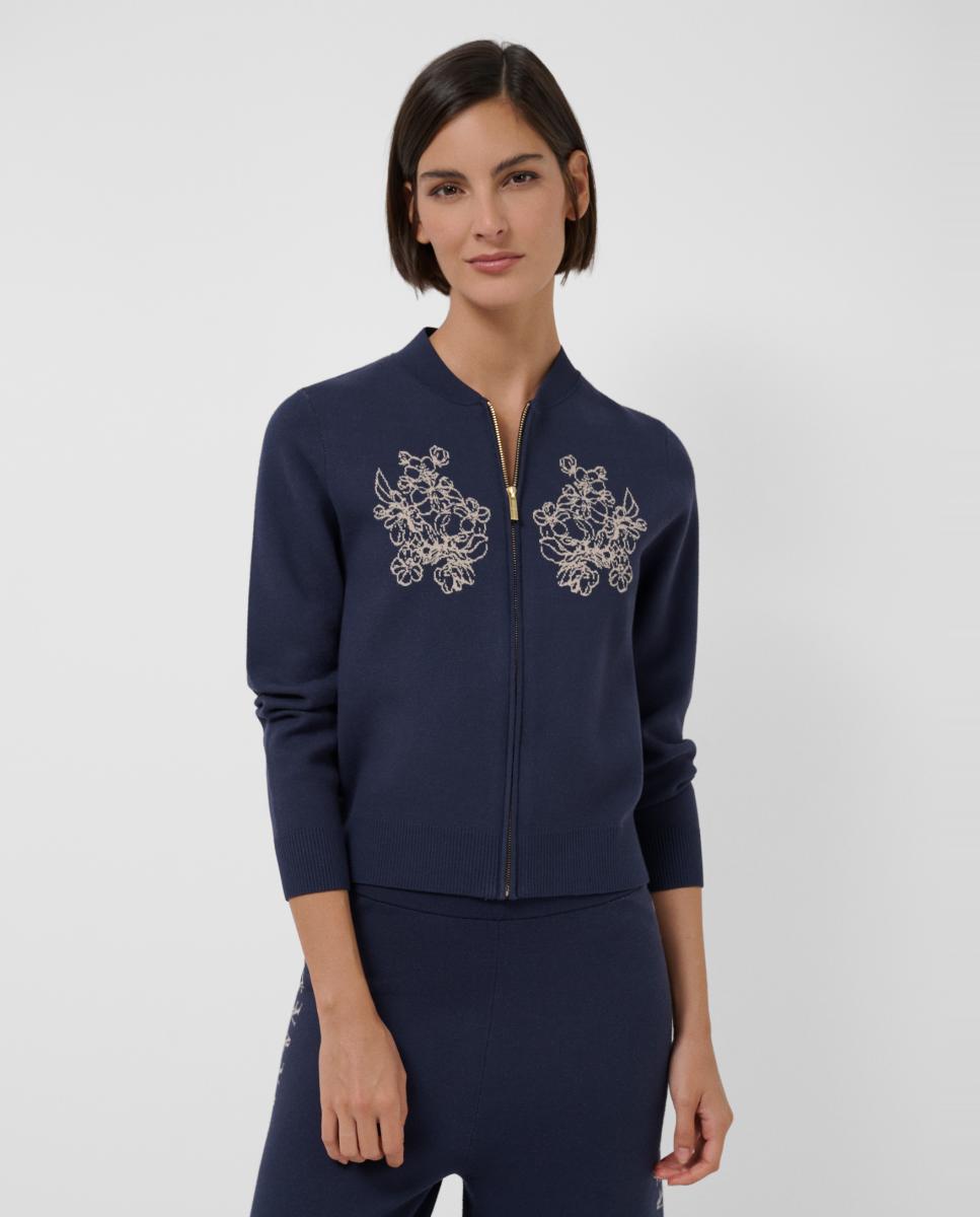 Imagem 0 de Casaco de Malha Jacquard com Fecho de Correr e Desenho Floral