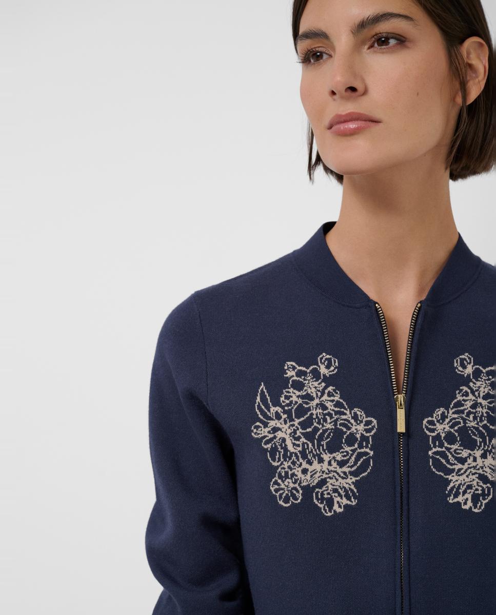 Casaco de Malha Jacquard com Fecho de Correr e Desenho Floral Azul-marinho-2