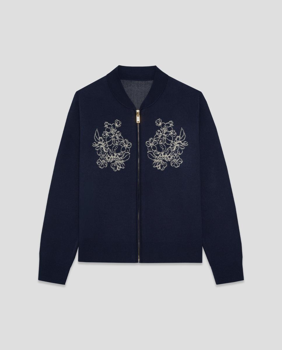 Casaco de Malha Jacquard com Fecho de Correr e Desenho Floral Azul-marinho-4