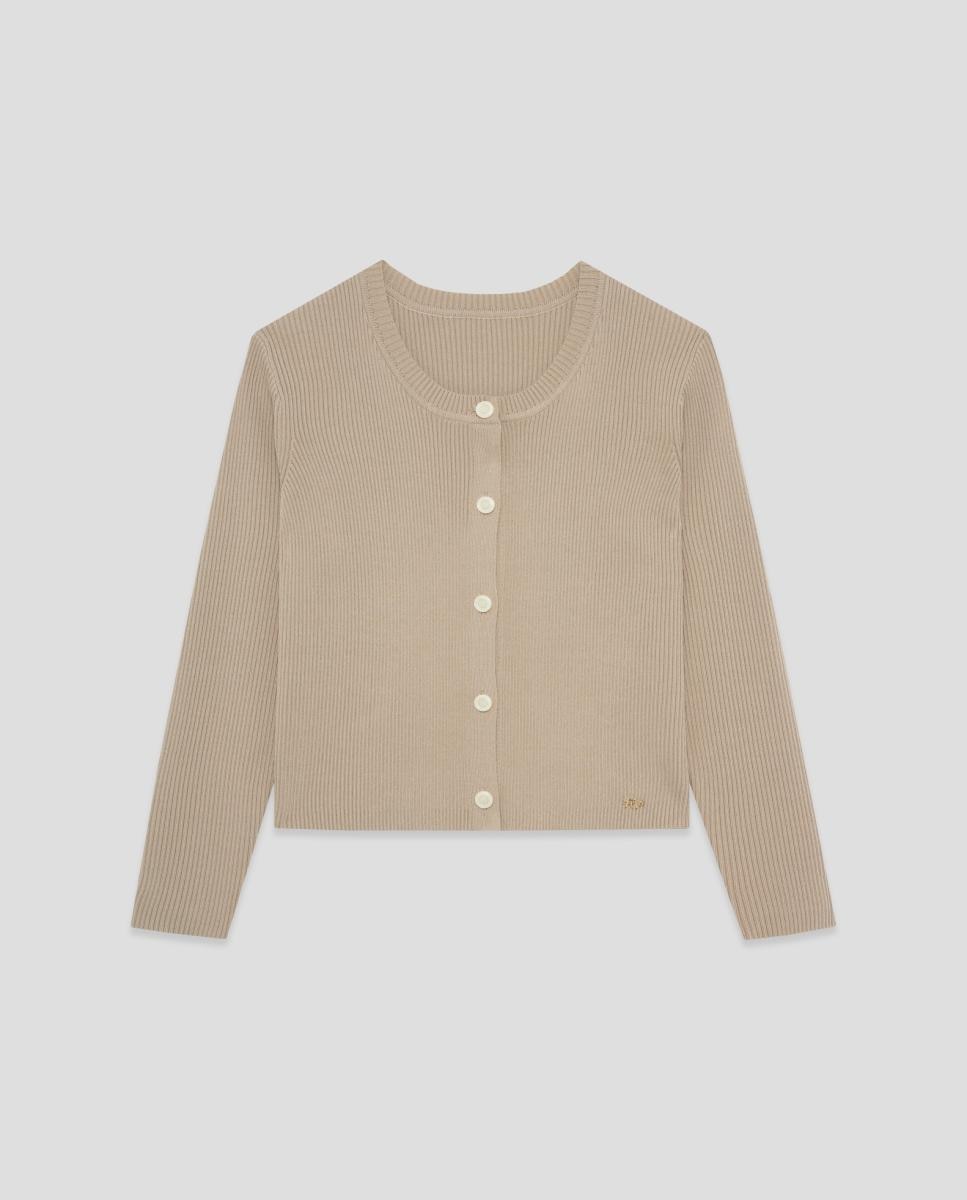 Cardigan Curto Cintado de Malha Castanho-claro-4