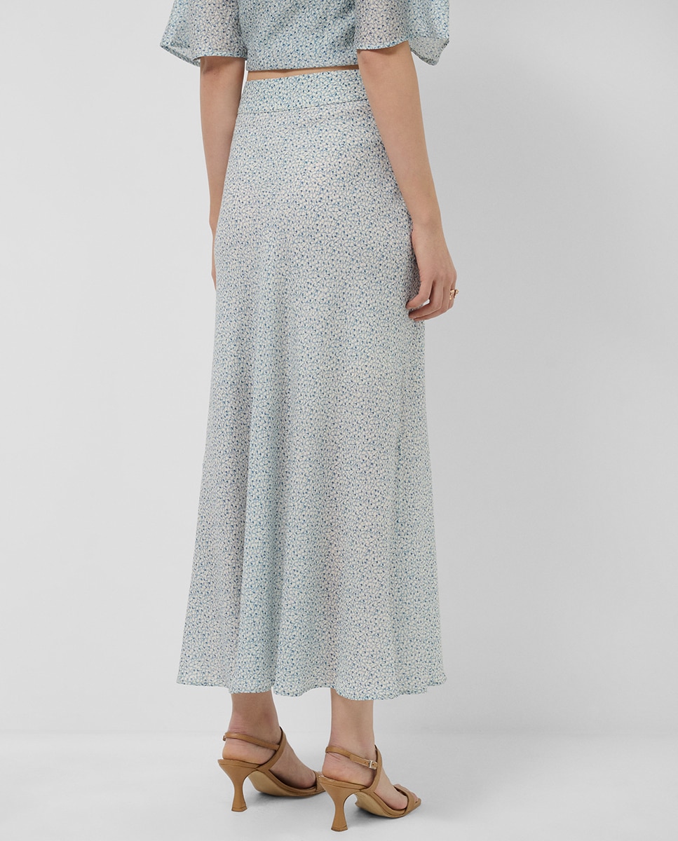 Saia Midi com Aberturas em Crepe Estampado Azul-4