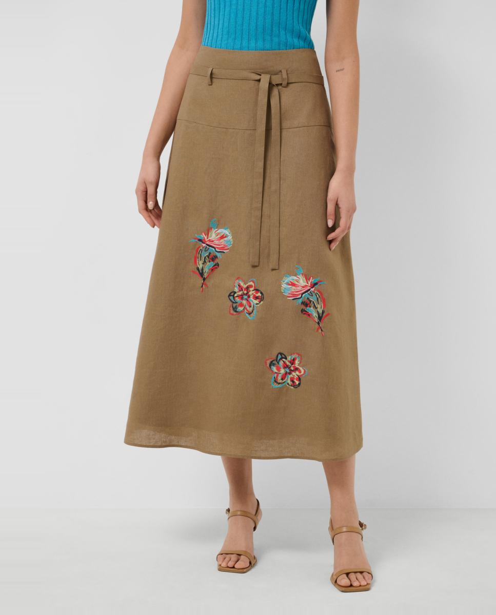 Saia Midi de Linho com Bordado Floral Castanho-2