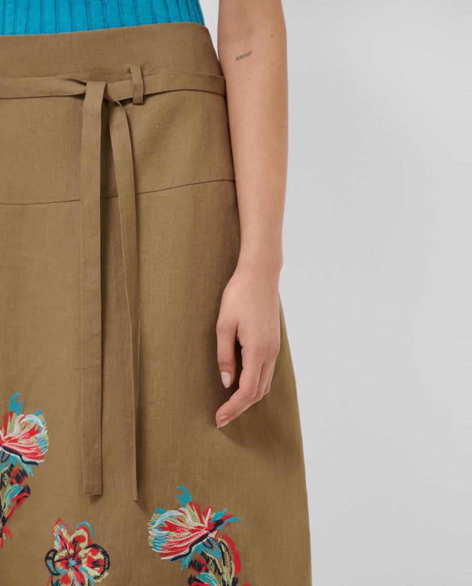 Saia Midi de Linho com Bordado Floral Castanho-3