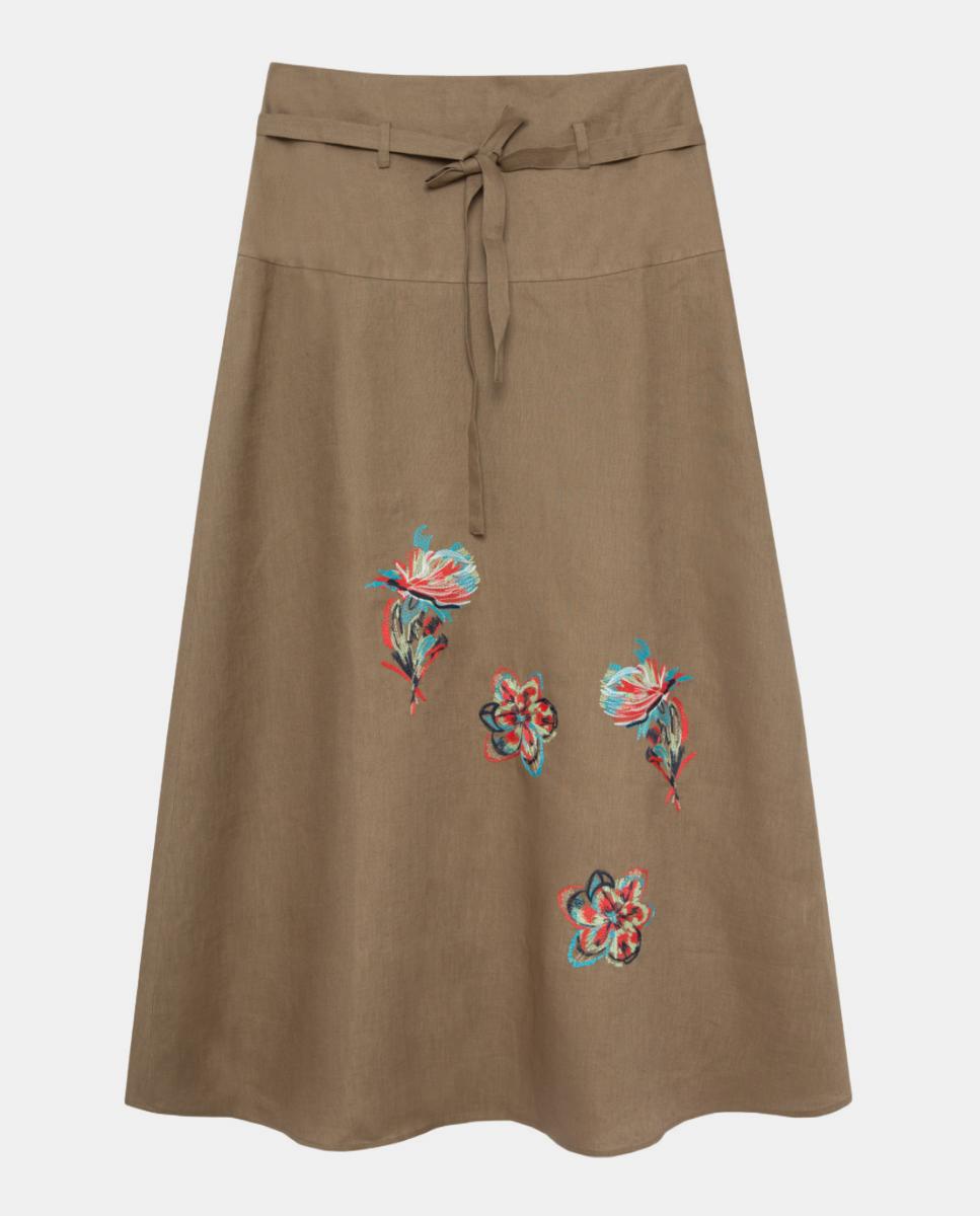 Saia Midi de Linho com Bordado Floral Castanho-5
