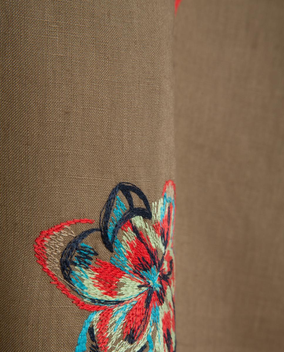 Saia Midi de Linho com Bordado Floral Castanho-6