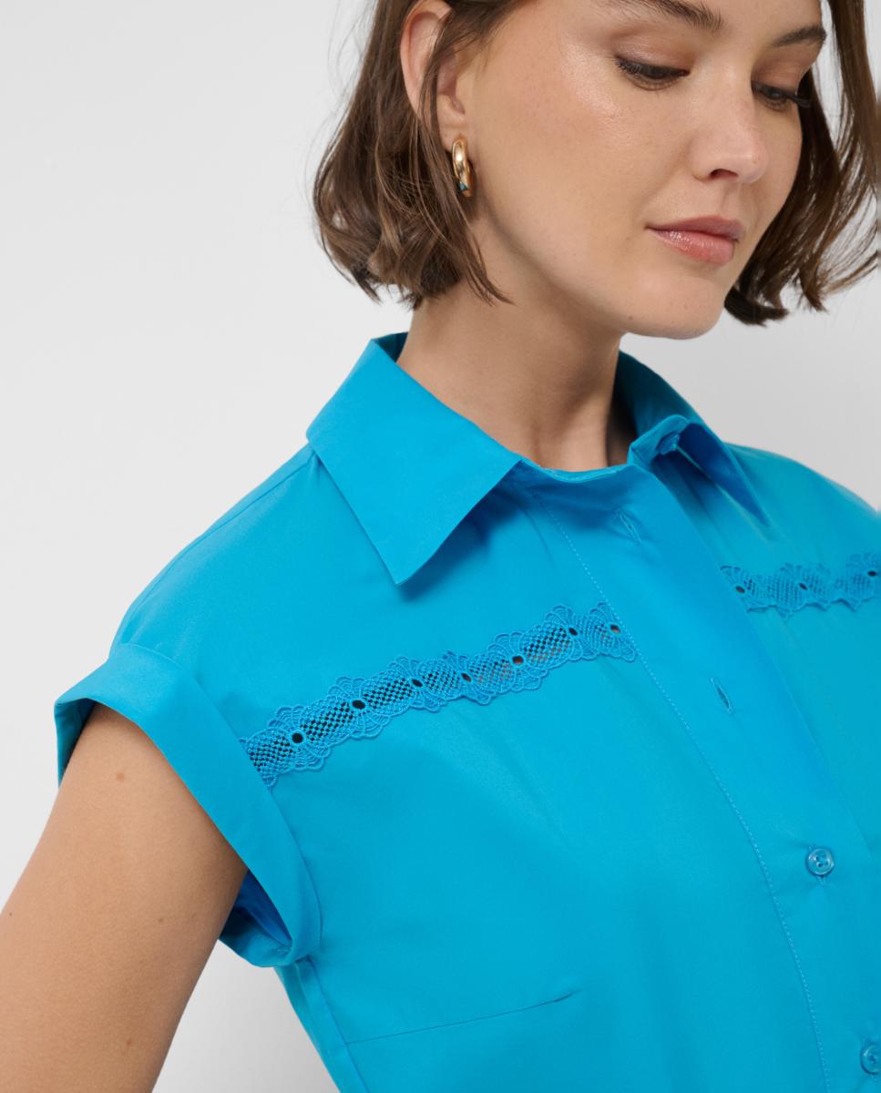 Vestido Camiseiro Midi com Tiras de Renda Azul-2