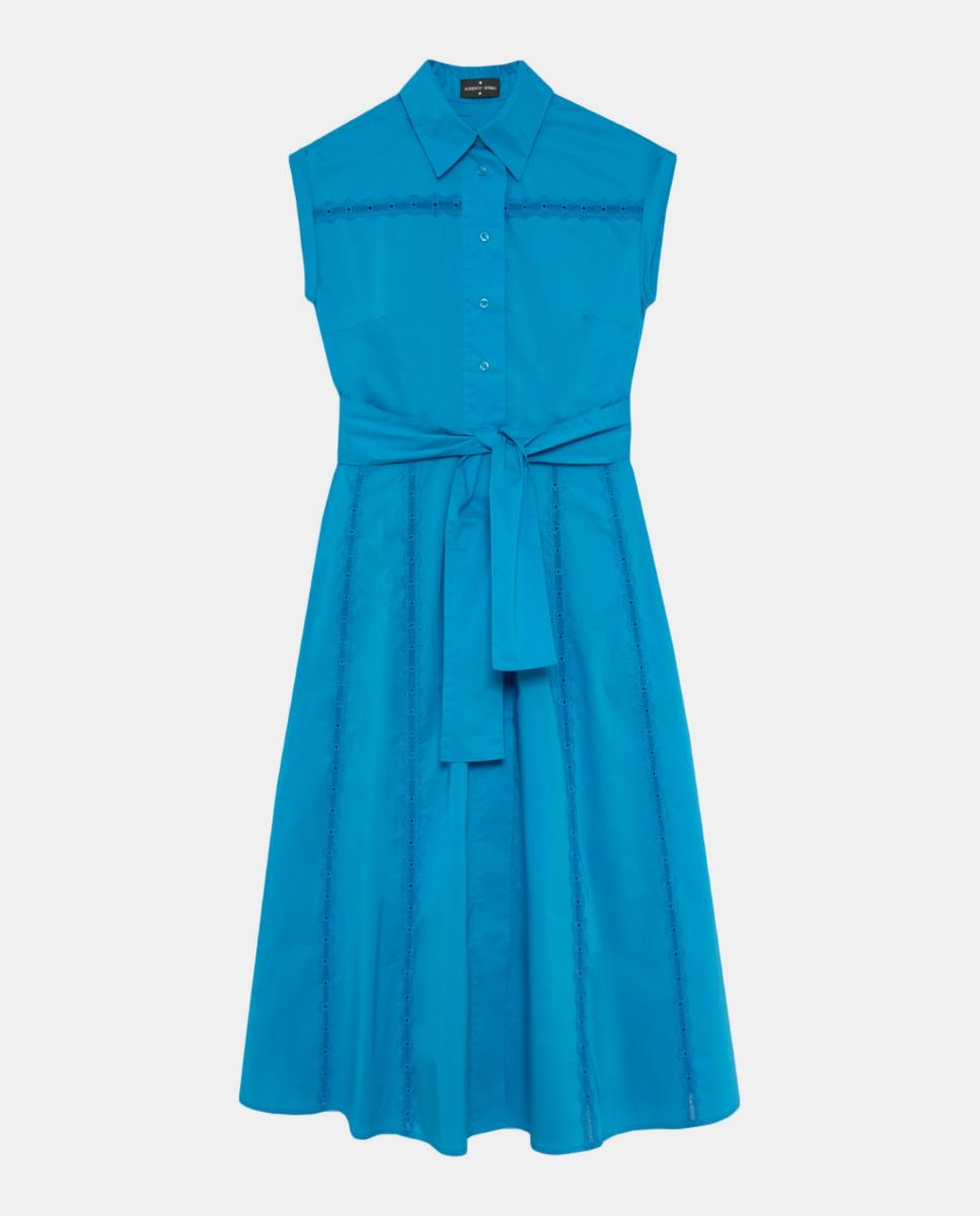 Vestido Camiseiro Midi com Tiras de Renda Azul-5