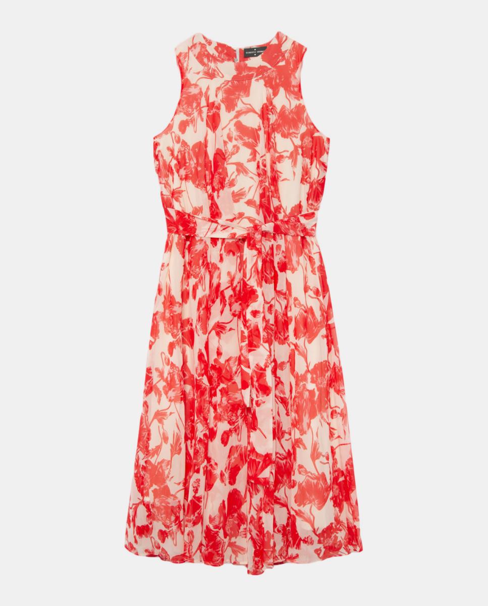 Vestido Midi sem Mangas e com Estampado Floral Vermelho-5