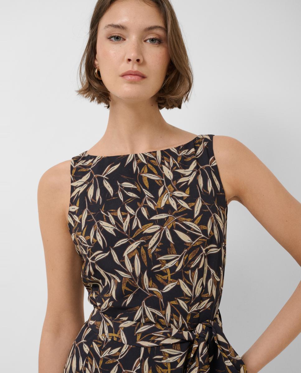 Vestido sem Mangas em Crepe com Estampado de Folhas Preto-2