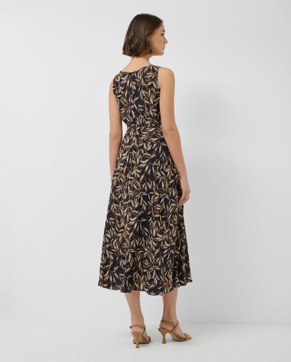 Vestido sem Mangas em Crepe com Estampado de Folhas Preto-3