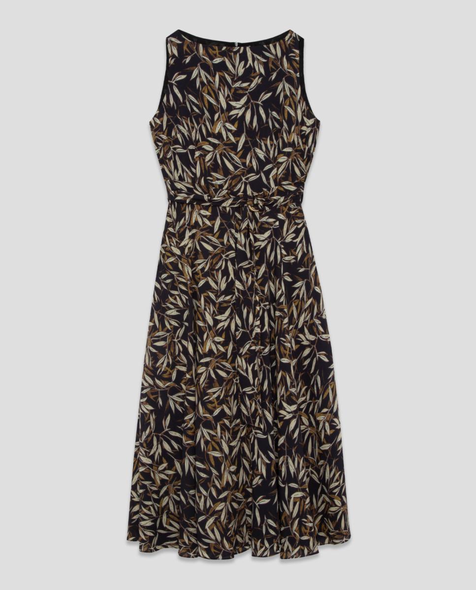 Vestido sem Mangas em Crepe com Estampado de Folhas Preto-4