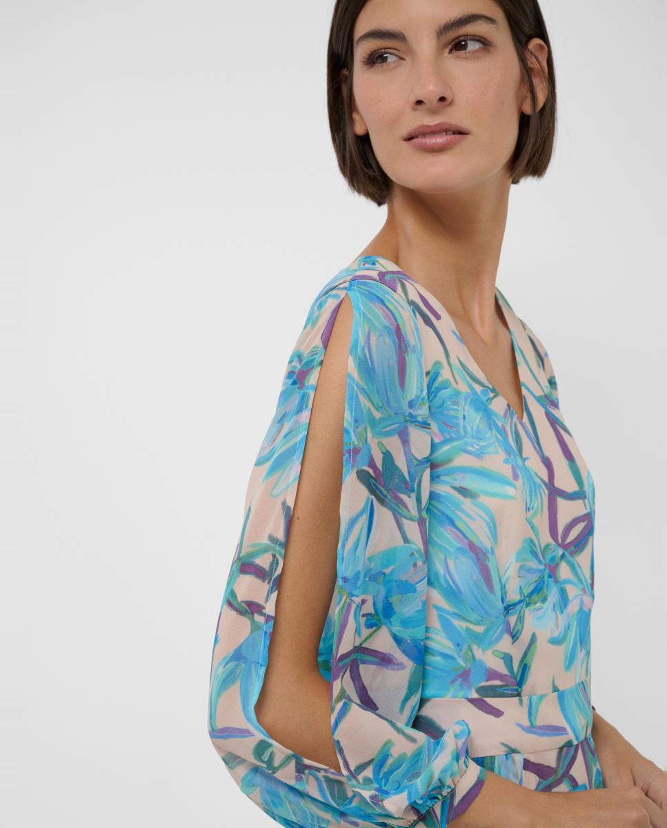 Vestido Midi Voile de Crepe com Manga Comprida e Estampado Azul-claro-2