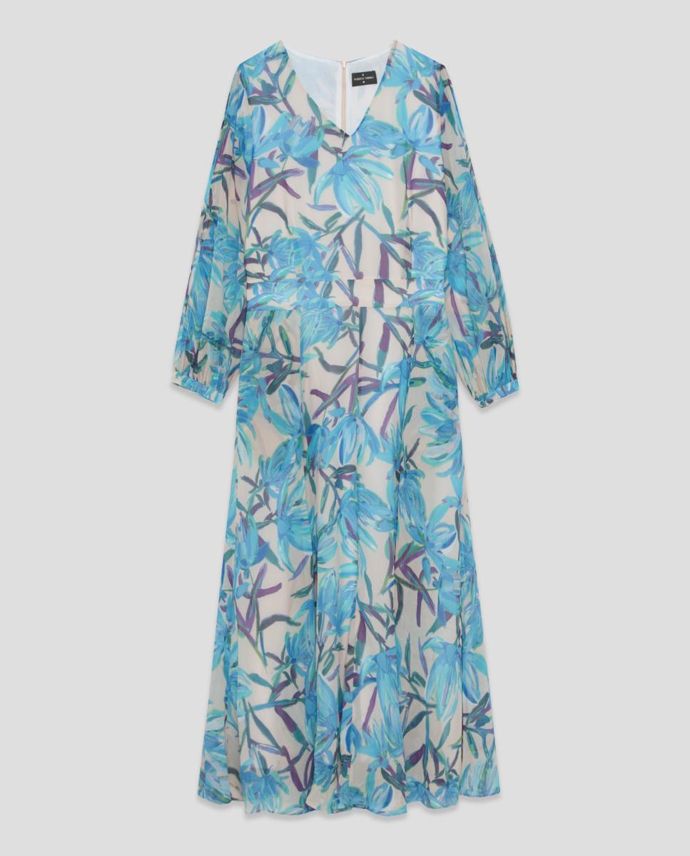 Vestido Midi Voile de Crepe com Manga Comprida e Estampado Azul-claro-4