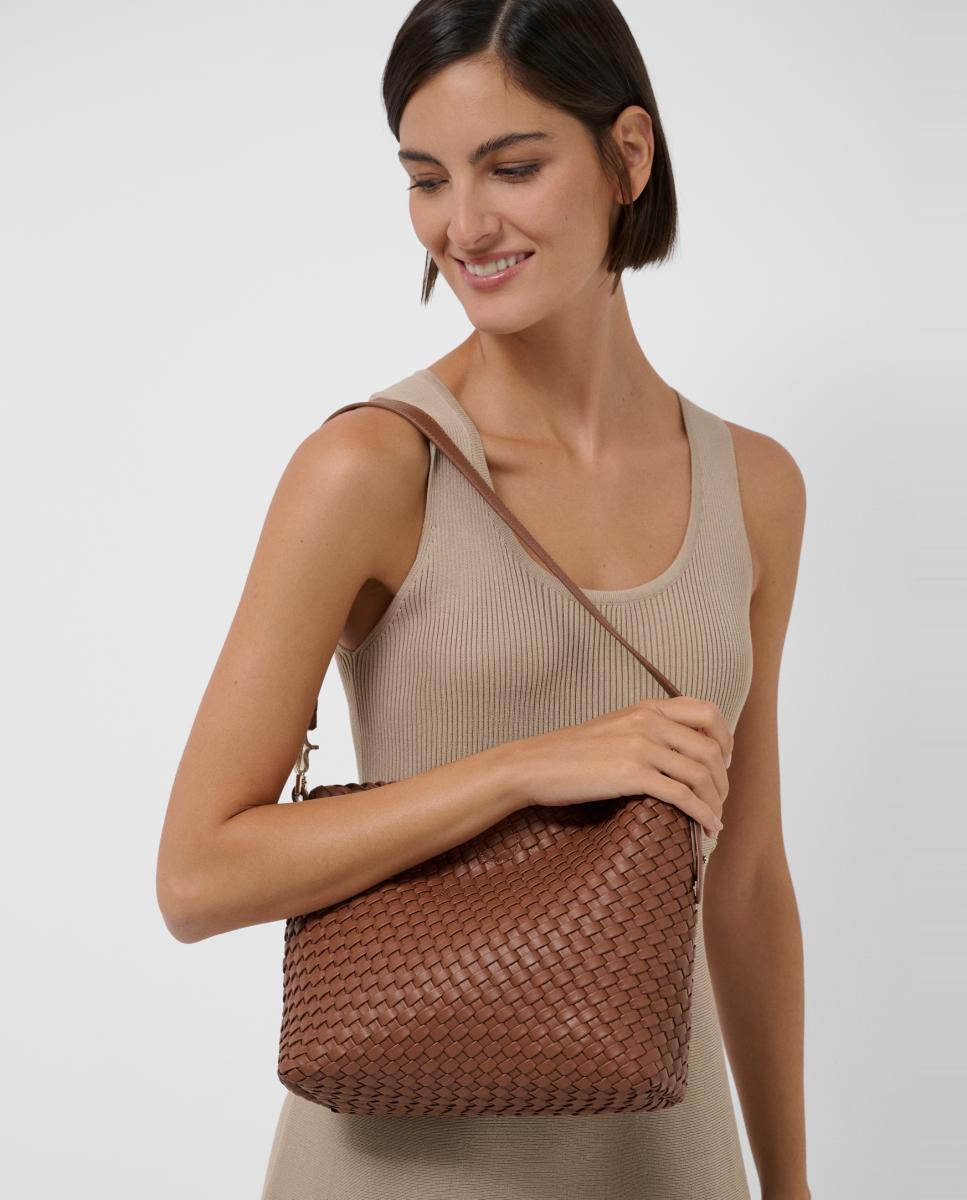 Vestido Midi Cintado de Malha sem Mangas Castanho-claro-2