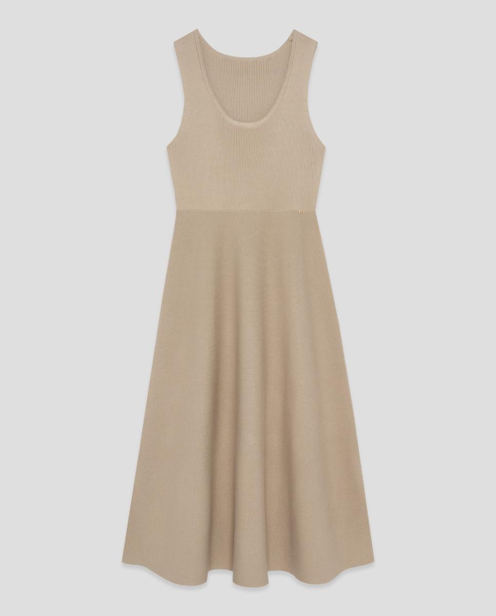 Vestido Midi Cintado de Malha sem Mangas Castanho-claro-4