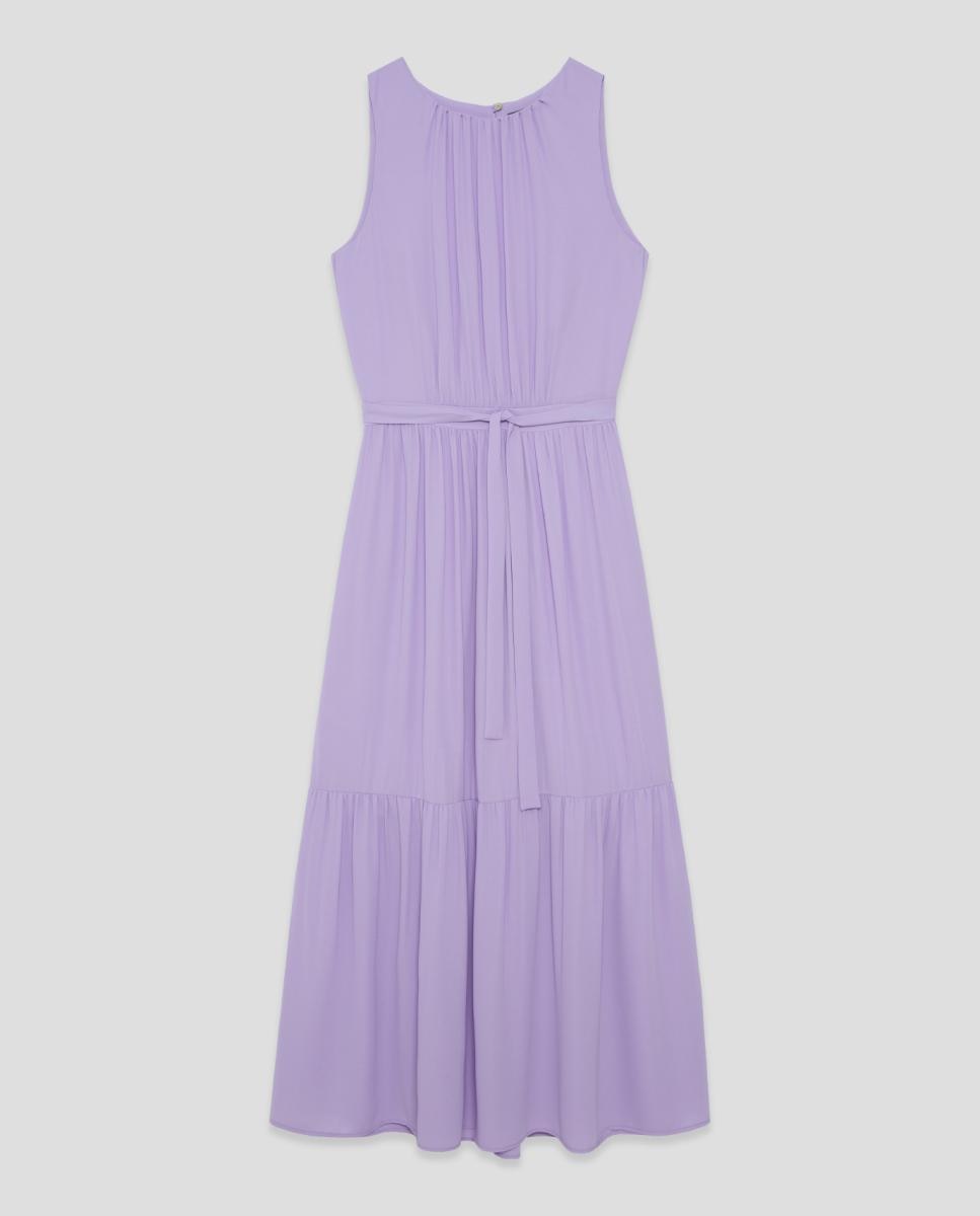Vestido Midi sem Mangas e com Franzidos e Folhos Lilás-4