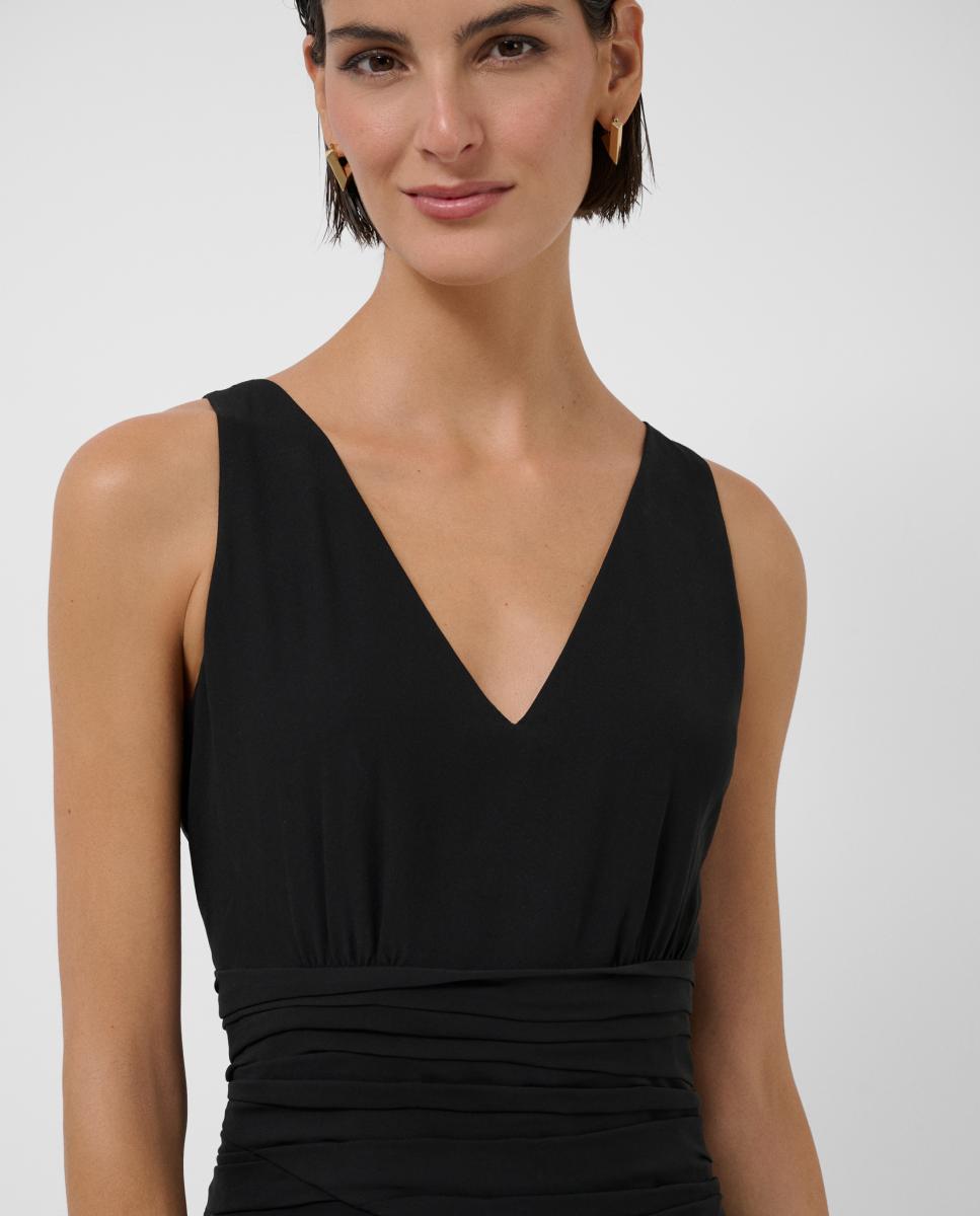Vestido Midi Drapeado em Crepe com Cintura de Chiffon Preto-2