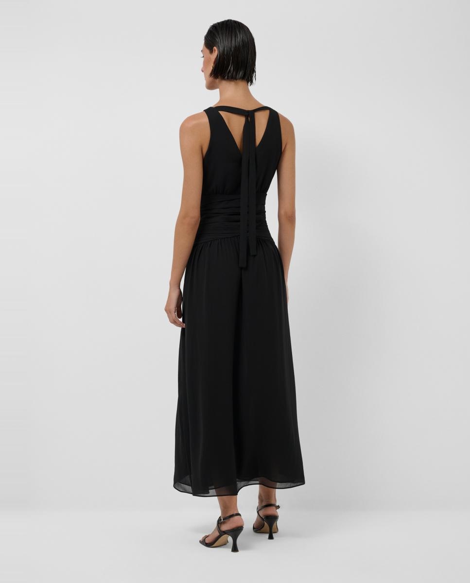 Vestido Midi Drapeado em Crepe com Cintura de Chiffon Preto-3