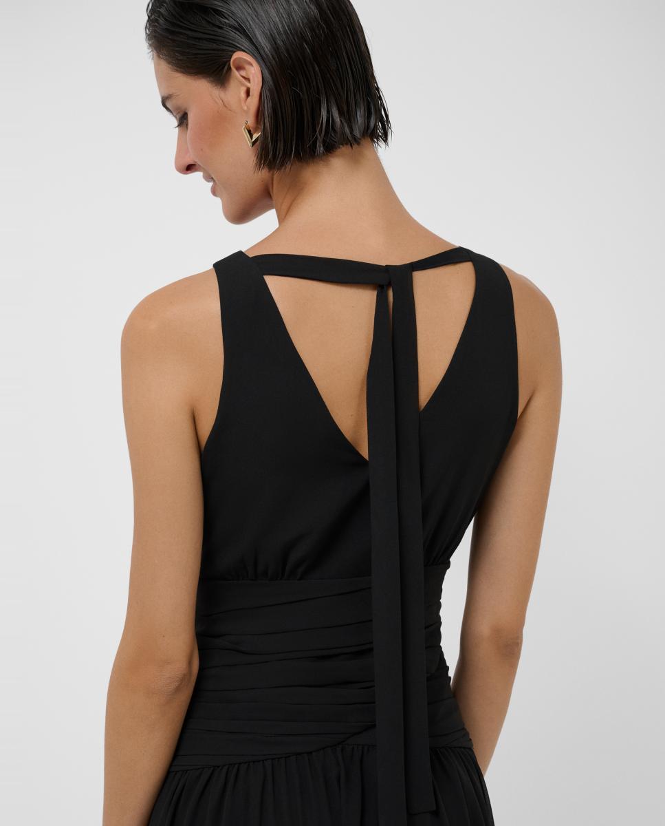 Vestido Midi Drapeado em Crepe com Cintura de Chiffon Preto-4